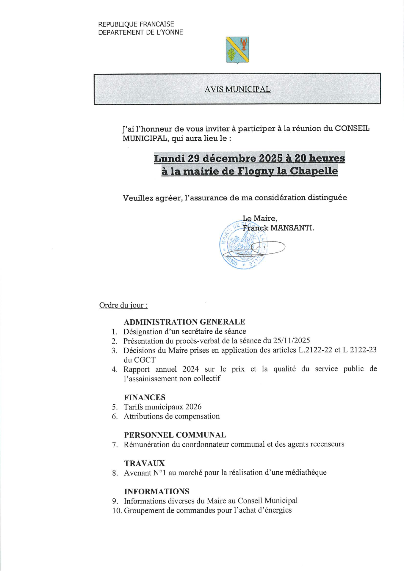 CONSEIL MUNICIPAL lundi 29 décembre à 20 heures