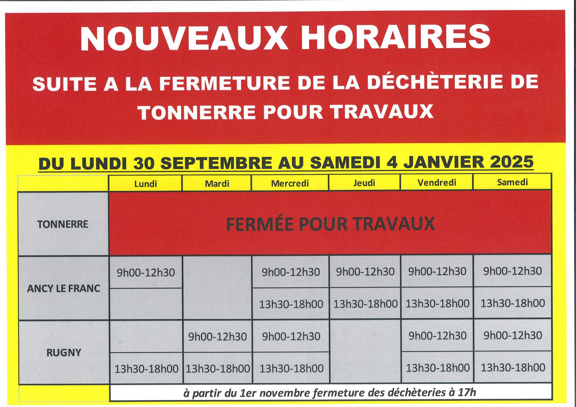 Nouveaux horaires suite à la fermeture de la déchèterie de TONNERRE, pour travaux