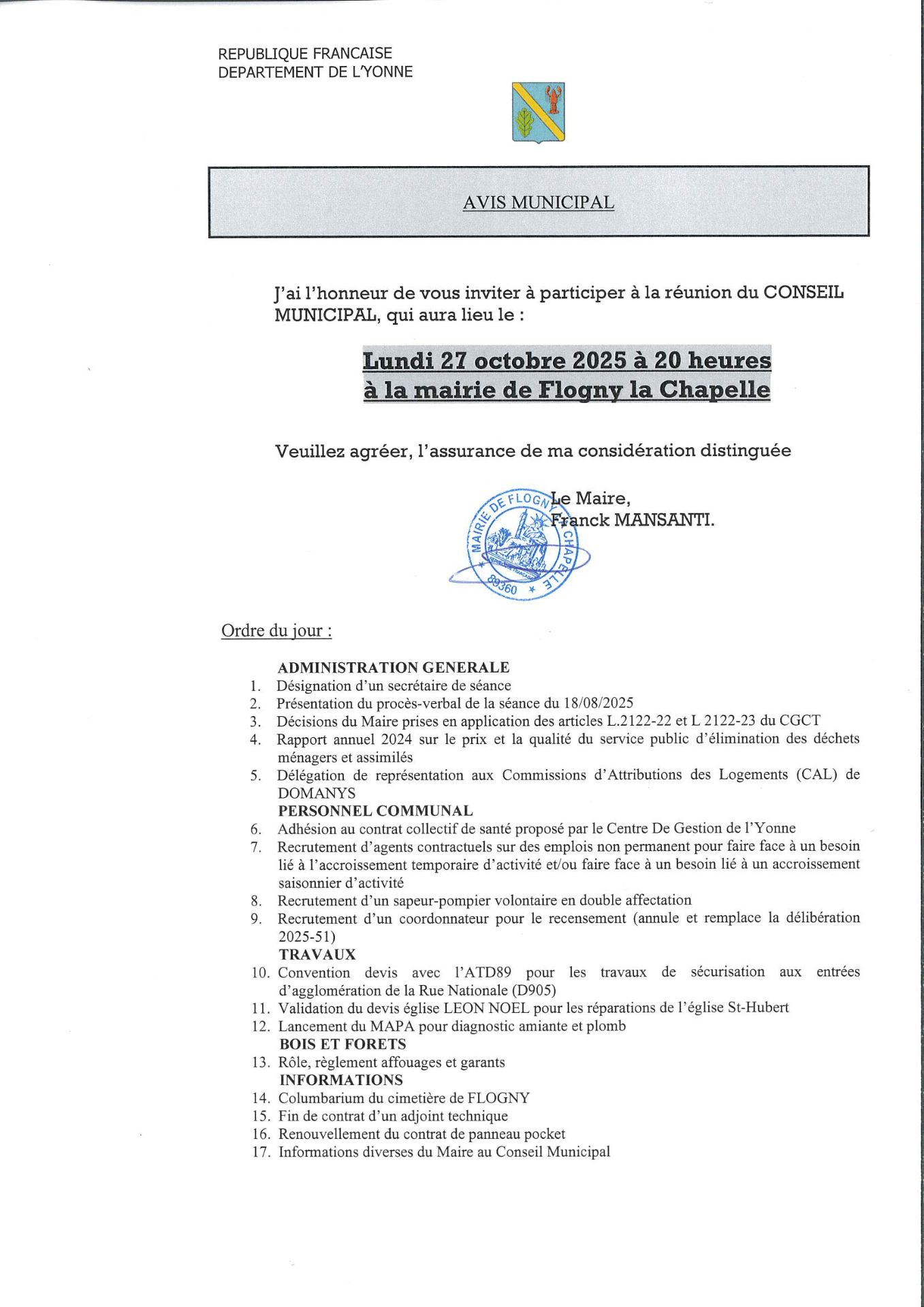 CONSEIL MUNICIPAL : lundi 27 octobre à 20 heures